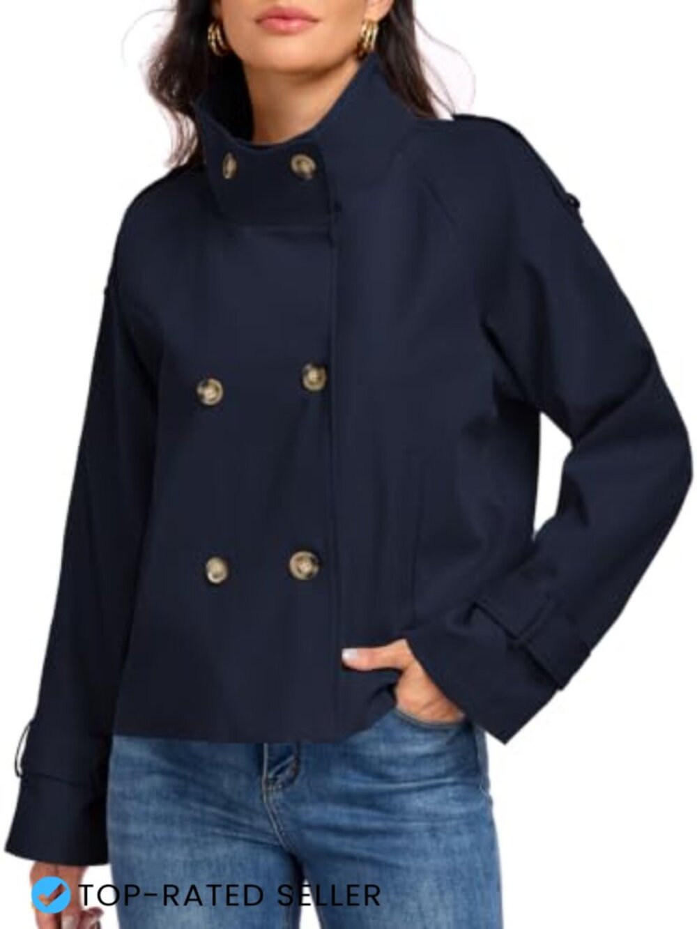 Women's Cropped Trench Coat Funnel Neck Button Down Fall Jacket with Pockets